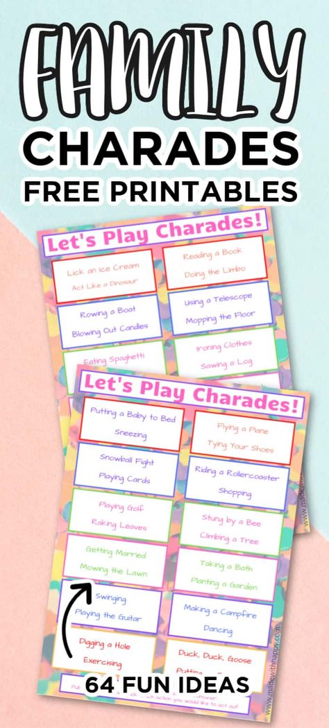 Family Charades. Printable Family Games. Fun Printable Games with Kids. Kids Games. Free Printable Games. Fun with Family Charades. Family Charades Printable, Free Printable Games For Teens, Charades For Teens, Charade Ideas Funny, Disney Charades, Family Charades, Charades Word List, Family Fun Night Ideas, Family Fun Night Ideas Kids