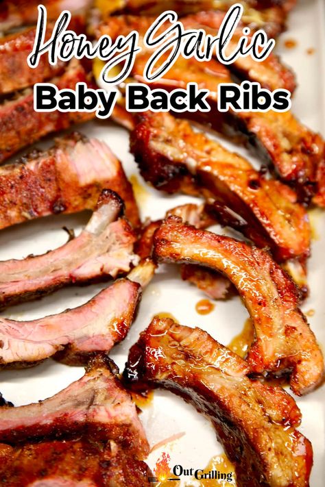 Honey Garlic Ribs are outrageously delicious, fall apart tender with plenty of hardwood smoke flavor and a sticky sweet glaze. Glaze For Ribs, Honey Ribs Recipe, Garlic Ribs, Honey Garlic Ribs, Outdoor Cooking Recipes, Honey Pork, Sweet Glaze, Honey Garlic Sauce, Back Ribs