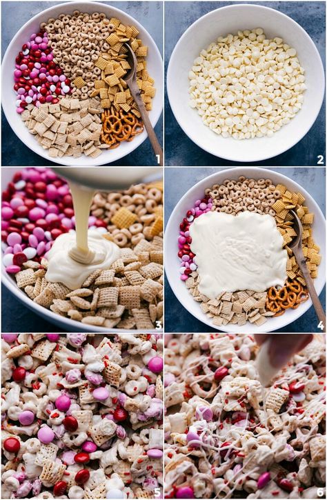 Delicious Valentine Snack Mix recipe that is perfect for February! This snack mix is filled with cereal, pretzels, M&M's, and coated in melted white chocolate. No baking required. Recipe via chelseasmessyapron #forkids #recipes #ideas #easy #healthy #glutenfree #valentine #snack #mix Valentines Entree Ideas, Valentine Mix Snack, White Chocolate Chex Mix For Valentine’s Day, Valentine Recipes For Kids, Valentine’s Day Trail Mix Snack, Valentines Baskets For Teens, Valentine Snack Mix Ideas, Valentine Trail Mix Ideas, Healthy Valentines Treats For School