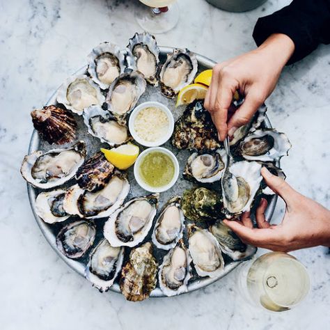 Celery-and-Cucumber Mignonette Oysters On The Half Shell, Dating Guide, Oyster Recipes, Seafood Market, Food Experiences, Wine And Dine, Food Styling, Food Photo, Seafood Recipes