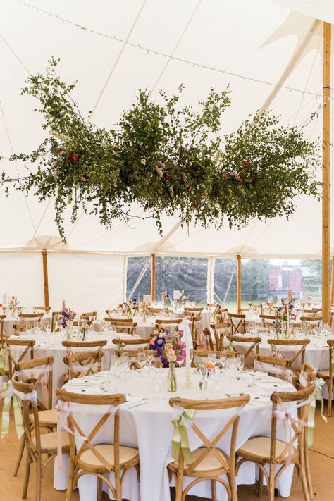 Wedding Reception Marquee, Marquee Wedding Round Tables, English Marquee Wedding, Marquee Wedding Flowers, Wedding Marquee Ideas, Wedding Marquee Decoration, Ceiling Greenery, Marquee Interior, Marquee Flowers