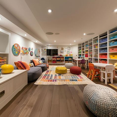 Basement - Size, Functionality, Uses, Furniture And Renovation Basement Kids Gym, Colorful Ottomans, Colorful Basement, Kids Hangout Room, Modern Kids Playroom, Bright Ceiling, Pastel Playroom, Sofa Area, Playroom Inspiration