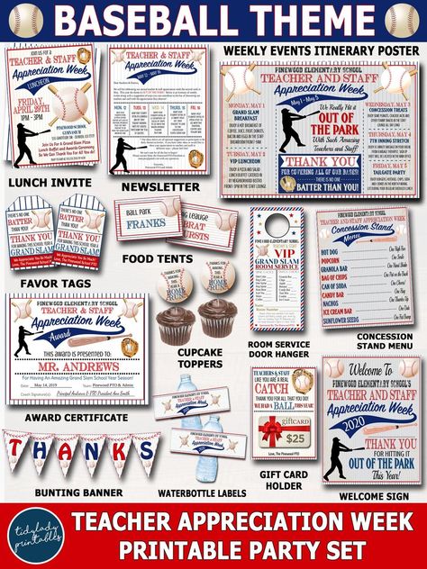 Teacher appreciation week is a perfect time to celebrate the hard work that teachers put into their jobs. Thank them for making this year a home run with this baseball-themed printable party pack equipped with everything you need to host an unforgettable baseball-themed appreciation week!  Hit it out of the park with the following customizable items: Baseball-themed printables  Party favors - “There’s no one batter than you!” Itinerary for a home run appreciation week Fun decor And MORE! Fo Staff Break Room, Teacher Appreciation Luncheon, Baseball Snacks, Teacher Appreciation Themes, Customer Service Week, Babysitter Gifts, Teachers Week, Staff Appreciation Week, Baseball Theme Party