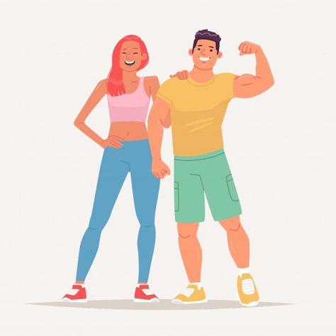 Happy couple of young people dressed in ... | Premium Vector #Freepik #vector #sport #cartoon #fitness #gym Couple Vector, Dating Couple, Gym Couple, Fitness Icon, Prenatal Workout, Fit Couple, Abs Workout For Women, Fitness Wear, Fitness Logo