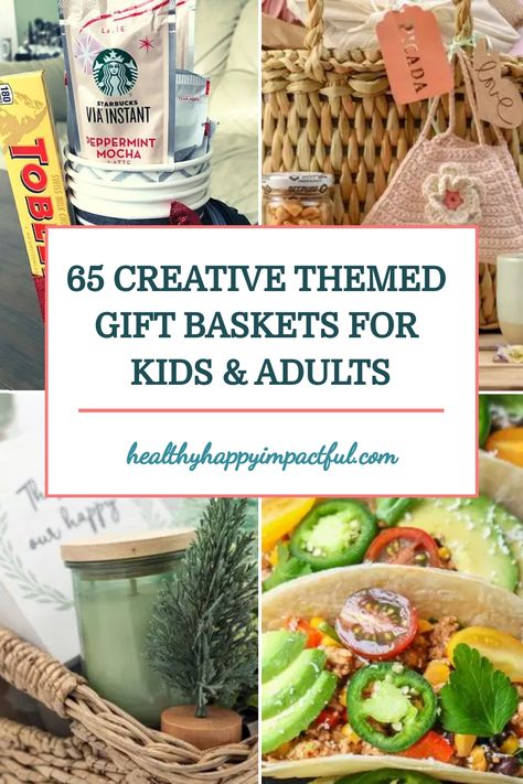 65 creative themed gift baskets for kids and adults, featuring items like instant coffee, a crochet house ornament, a green candle, and homemade tacos. Games Gift Basket Ideas, Game Night Themed Gift Basket, Family Fun Night Gift Basket Ideas, Comfy Basket Gift Ideas, Family Fun Gift Basket Ideas, Family Night Basket Ideas, Gift Basket For Family With Kids, Gift Exchange Basket Ideas, Dinner Basket Ideas