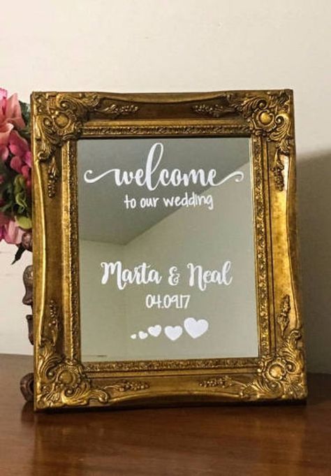 Mirror with decal inscription/Welcome to our wedding personalized mirror sign/Wedding mirror sign/Fa Wedding Mirror Sign, Mirror Wedding Signs, Wedding Entrance Sign, Wedding Sign Decor, Mirror Vinyl, Bar Signage, Mirror Words, Wedding Mirror, Happy Wedding Day