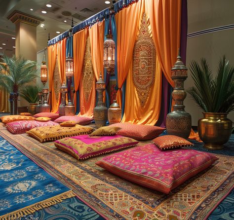 Simple and Popular Arab Party Decoration Ideas for Your Home - Home Hacks Arab Theme Party, Arabic Party Decoration, Arabian Nights Decor, Henna Night Decoration Turkish, Arabic Theme Party, Arabic Night Party Ideas, Arabian Nights Party Decorations, Indian Party Decor, Howls Room