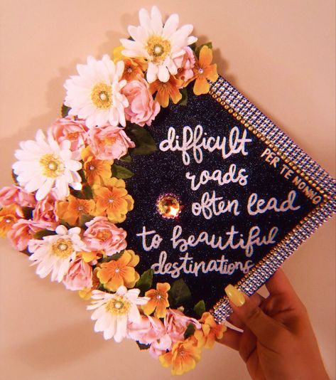 Grad cap design with quote, designed with rhinestones, pearls, and flowers. Ged Graduation Cap, Healthcare Graduation Cap Ideas, Grad Cap Ideas 2023, High School Grad Cap Ideas Senior Year, Grad Cap Ideas Flowers, Msw Graduation Cap, Flower Grad Cap, Nursing Grad Cap Ideas, Grad Cap Quotes