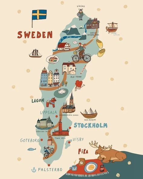 Illustrated Maps, Sweden Travel, Travel Illustration, Illustrated Map, Travel Maps, Stockholm Sweden, City Maps, Map Design, Travel List