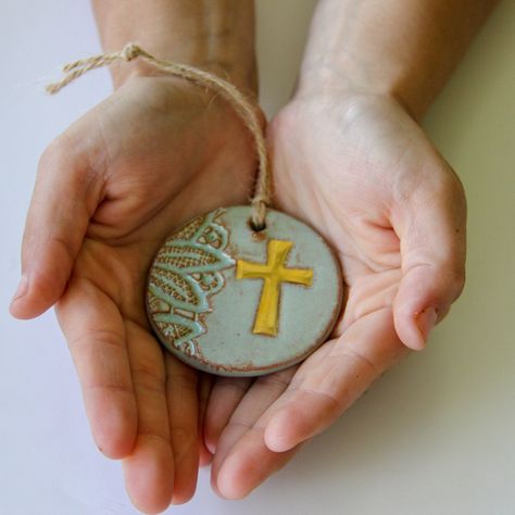 Prodigal Pottery Cross Ornaments, Christian Gift Shop, Pottery Sale, Clay Cross, Pottery Ornaments, Air Dry Clay Projects, Pottery Classes, Clay Ornaments, Handmade Christmas Gifts