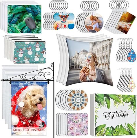 This set has more complete hot selling sublimation blanks you need for creating sublimation crafts, including 4 x Pillow Cover, 4 x Mouse Pad, 4 x Makeup Bag, 4 x Garden Flag, 12 x Coaster, 36 x Keychain w/ 36pcs accessories, 16 x Earring w/ 16pcs hook. Sublimation Blanks Products, Sublimation Crafts, X Makeup, Diy Sublimation, White Cushion Covers, Bag Keychain, Art & Craft Kit, Sublimation Blanks, Amazon Art