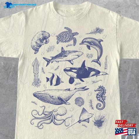 Vintage 90S Tattoo Sea Animal T-Shirt Retro Ocean Nature Shirt Sealife Sweatshirt Classic Check more at https://bestshirtfordad.com/product/vintage-90s-tattoo-sea-animal-t-shirt-retro-ocean-nature-shirt-sealife-sweatshirt-classic/ Marine Biology Shirts, Tattoo Sea, Retro Ocean, 90s Tattoos, Ocean Nature, Nature Shirts, Sea Animal, Summer Fits, Ocean Animals