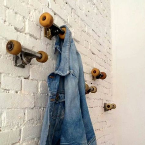 Old Skateboard Trucks Turned into Coat Hanger Sustainability Skateboard Room, Teen Boy Room, Teen Boy Bedroom, Jeep Pickup, Boy Bedroom, Organizing Ideas, Boys Bedrooms, Boy's Bedroom, Teen Room