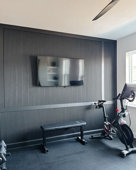 Reeded board & batten accent wall #homegym #homegymmakeover #roommakeover #diyhousetohome #diytogether #diyaccentwall #accentwall #featurewall #reededwall #blackaccentwall #modernhomedesign #moderninteriors #moderninteriordesign #tricornblack #matteblack #mattefinish #designisinthedetails #interiordetails #itsallinthedetails Gym Accent Wall, Home Gym Accent Wall, Board Batten Accent Wall, Batten Accent Wall, Black Accent Walls, Board Batten, Diy Accent Wall, Basement Remodeling, Modern Interior Design