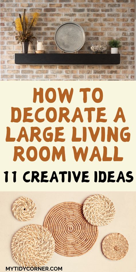 Ideas for decorating a large living room wall. Decorate A Nook In The Wall, What To Put On My Wall, Decorate A Big Wall In Living Room, Wagon Wheel Wall Decor Ideas, Decorate Large Living Room Wall, Living Room Blank Wall Ideas, Diy Living Room Wall Decor Ideas, How To Decorate Large Wall Space, Long Living Room Wall Decor Ideas