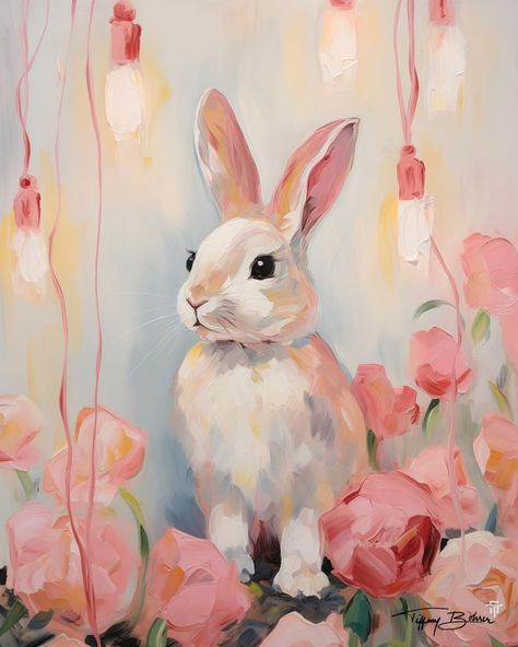 Pink Spring Garden Easter Bunny - Giclee Fine Art Print on Heavy Fine Art Paper - Original Art by Tiffany Bohrer, Tipsy Artist | MakerPlace by Michaels Bunny In Flowers, Bunny Rabbit Art Paintings, Bunny In Garden Drawing, Watercolor Bunny With Flowers, Antique Bunny Painting, Easter Paintings, Bunny Door Hanger, Rabbit Painting, Bunny Wallpaper