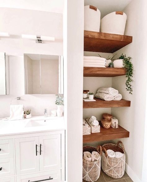 HomeGoods on Instagram: “Tidy shelves, happy selves ✨ (📸: @megthedestroyer)” Walnut Floating Shelf, House Addition, Open Bathroom, Street Aesthetic, Floating Shelves Bathroom, Spa Bathroom, Downstairs Bathroom, Basement Bathroom, Upstairs Bathrooms