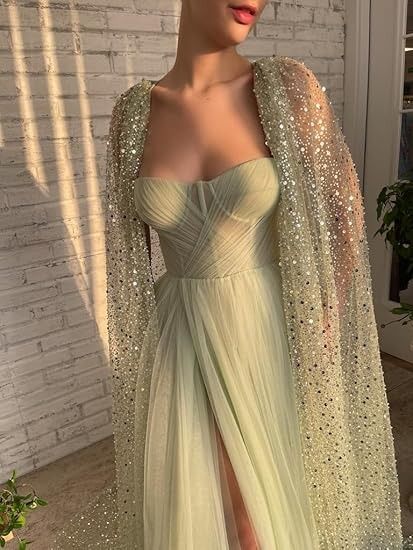 Sage Green Prom Dress, Sequin Cape, Split Prom Dresses, Sparkly Prom Dress, Lace Cape, Special Occasion Gowns, Cape Gown, Green Tulle, Elegant Prom Dresses