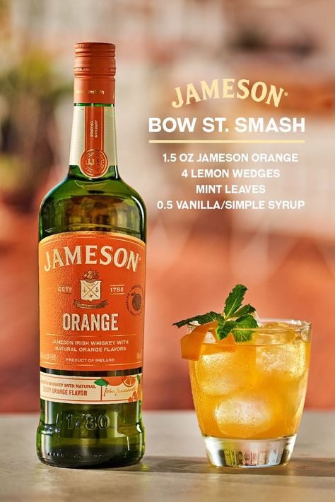 Whiskey Smash Recipe, Jameson Orange, Jameson Drinks, Jameson Cocktails, Whisky Cocktail Recipes, Whiskey Smash, Irish Drinks, Liquor Recipes, Cocktail Drinks Alcoholic