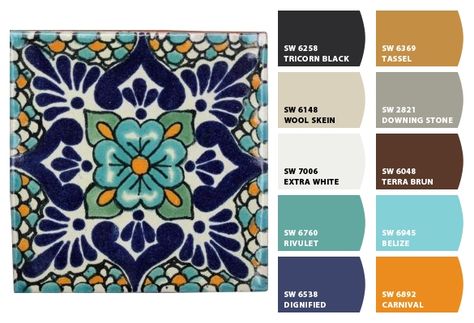 Spanish Tile Color Palette Inspiration Chip It! by Sherwin-Williams – Home Spanish Colonial Paint Colors, Spanish Style Color Palette Interior Design, Spanish Tile Painting, Talavera Color Palette, Mexican Color Palette Spanish Style, Spanish Colonial Color Palette, Spanish Colour Palette, Spanish Style Color Palette, Color Palette Mexico