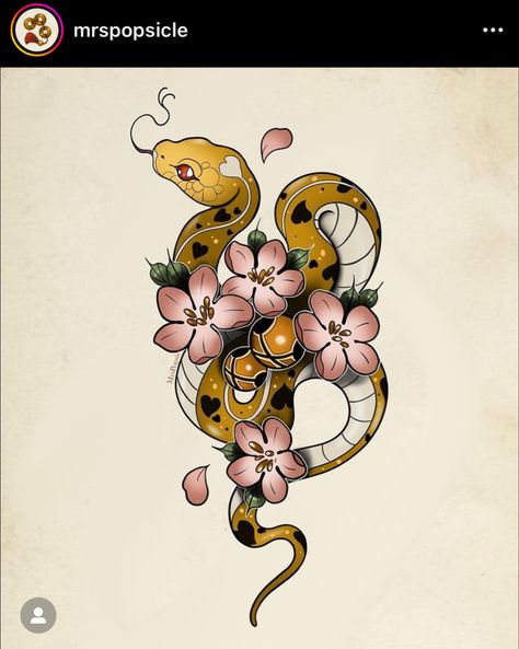 Neo Traditional Snake, Snake And Flowers, Traditional Snake, Traditional Snake Tattoo, Art Deco Tattoo, Abstract Tattoo Ideas, Traditional Tattoo Flowers, Traditional Tattoo Designs, Neotraditional Tattoo