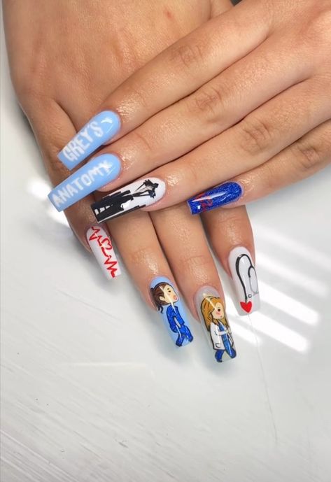 Greys Anatomy Nails, Anatomy Nails, Grey Nail Designs, Acrylic Nails Coffin Pink, Bling Acrylic Nails, Acrylic Nails Coffin, Short Acrylic Nails, Long Acrylic Nails, Grey's Anatomy