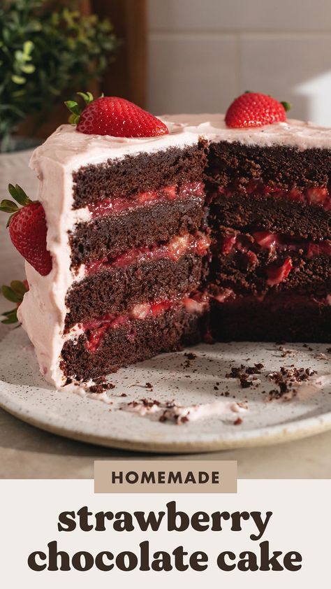 This strawberry chocolate cake is made with layers of rich and fudgy chocolate cake with homemade strawberry jam and fresh strawberries in between each layer. It's all covered with a strawberry cream cheese frosting for even more strawberry flavour. #strawberrycake #chocolatecake #layercake | teakandthyme.com Chocolate Cake 21st Birthday, Chocolate Cake With Strawberry Jam, Easy Vanilla Strawberry Cake, Chocolate Cake With Strawberries Filling, Chocolate Birthday Cake Recipe Homemade, Chocolate Strawberry Layer Cake, Fresh Strawberry Filling For Cake, Choc Strawberry Cake, Easy Chocolate Strawberry Cake