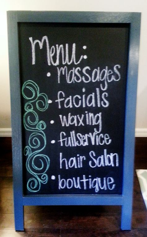 Spa Menu for The Lotus Downtown Spa Chalkboard Signs, Salon Chalkboard Ideas, Diy Spa Party, Spa Things, Spa Party Ideas, Salon Board, Spring Chalkboard Art, Trendy Pedicure, Chalk Signs