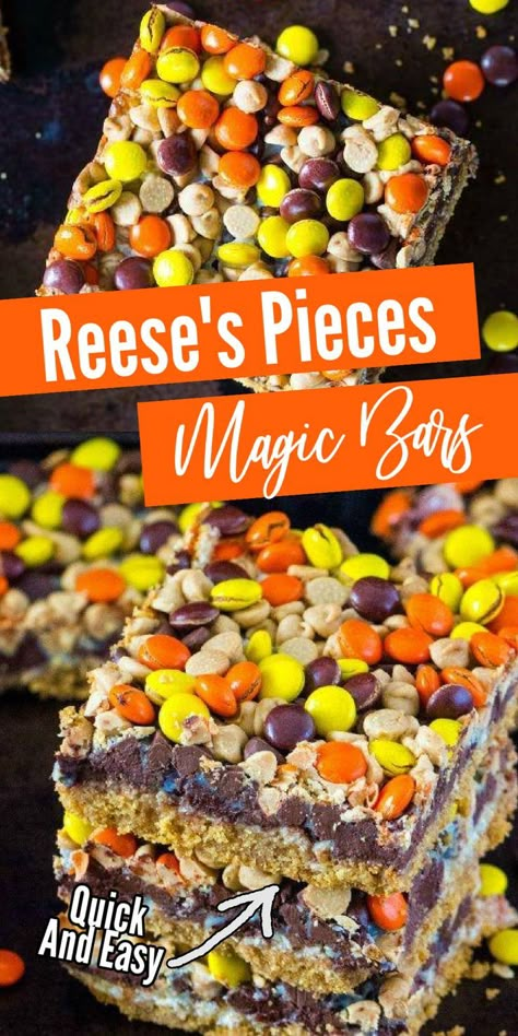 These Reese's Pieces Magic Bars are Quick and Easy and Super fun for a Halloween Treat! Reese Pieces Magic Bars, Brownies With Reeses Pieces, Reeses Dessert Bars, Recipes With Reeses Pieces, Desserts With Reeses Pieces, Reeses Pieces Bars, Reeses Cookie Bars, Halloween Magic Cookie Bars, Halloween Bars And Cookies