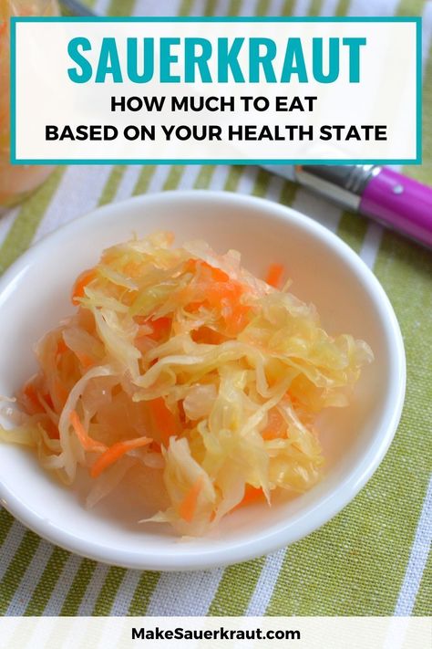 [INFOGRAPHIC] Are sauerkraut and other fermented foods good for you? Know when they are not, and how  much to eat per day. Does your homemade sauerkraut taste so good that you’re ready to gobble up a whole bowlful? MakeSauerkraut’s infographic shows the right amount of fermented food to take daily based on your health state. #sauerkrautbenefits  #howtoeatsauerkraut #guthealth Fermented Vegetables Recipes, Homemade Sauerkraut, Fermented Cabbage, Sauerkraut Recipes, Fermented Vegetables, Fermented Drink, Holistic Nutrition, Fermented Foods, Recipes For Beginners