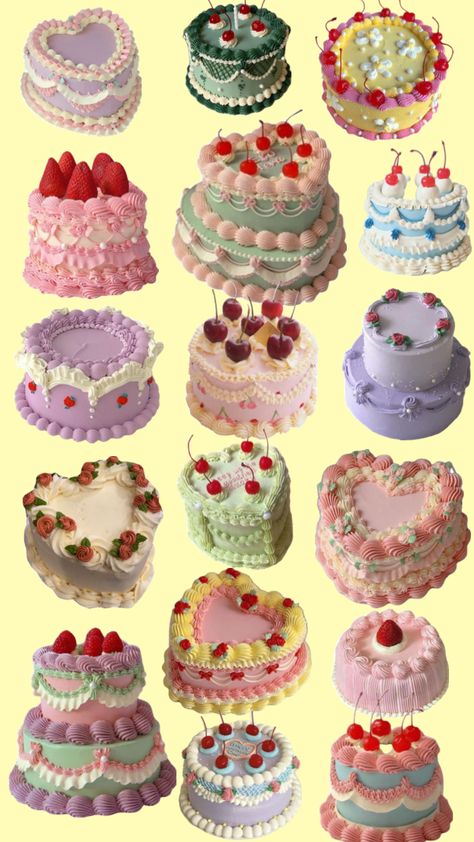 A current trend going around that i absolutely love #cake #cakes #sweet #sugar #frosting #50s #60s #vintage #retro #pastel #yellow #blue #green #pink #red #birthday #cherry #strawberry #strawberryshortcake 50s Cake, Shortcake Cake, Cherry Strawberry, Retro Pastel, Red Birthday, Sugar Frosting, Vintage Strawberry Shortcake, Cute Baking, Cherry Cake