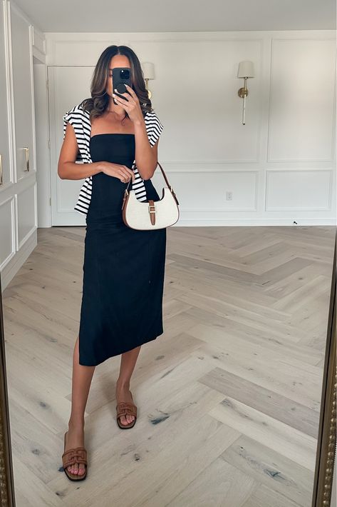 Black Dinner Dress, Casual Dinner Outfit Summer, Dinner Outfit Summer, Black Dinner, Black Dress Outfits, Black Strapless Dress, Linen Midi Dress, Dinner Outfits, Dinner Dress