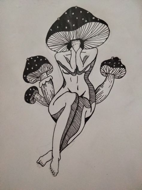 Tattoo Mushroom Lady, Mushroom Lady Tattoo Design, Mushroom Lady Drawing, Mushroom Lady Art, Psychadelic Tattoo, Mushroom Lady, Halloween Wallpaper Cute, Psychadelic Art, Spooky Tattoos