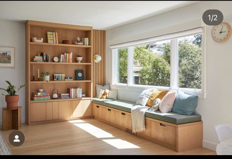 Sunroom Bench Seating Storage, Window Seat Low Window, Plywood Window Seat, Built In Bench Seating Living Room, Under Window Decor Living Room, Reading Bench Window, Mid Century Tv Wall, Under Window Bench, Cozy Floor Seating