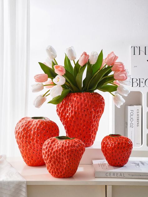 1pc Strawberry Design Flower Vase, Red ABS Cute Decorative Vase For Home DecorI discovered amazing products on SHEIN.com, come check them out! Cute Vase Designs, Unique Vases For Flowers, Fun Vases, Teapot Decorations, Vase Project, Strawberry Decor, Cheap Vases, Strawberry Planters, Home Decor Sculptures