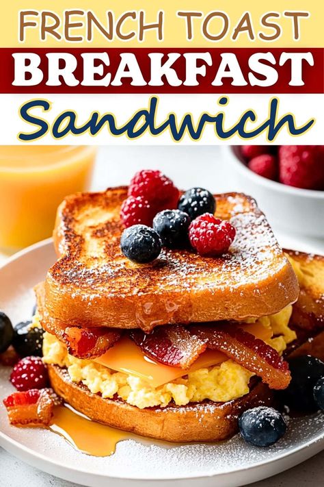 This French toast breakfast sandwich is a dreamy combination of cinnamon-kissed French toast, fluffy scrambled eggs, crispy bacon, and melty cheddar cheese. French Toast Egg Sandwich, French Toast Sandwich Breakfast, Gourmet Toast, French Toast Sandwich, Fluffy Scrambled Eggs, Christmas Breakfast Recipe, Croissant Breakfast, Irish Breakfast, French Toast Breakfast