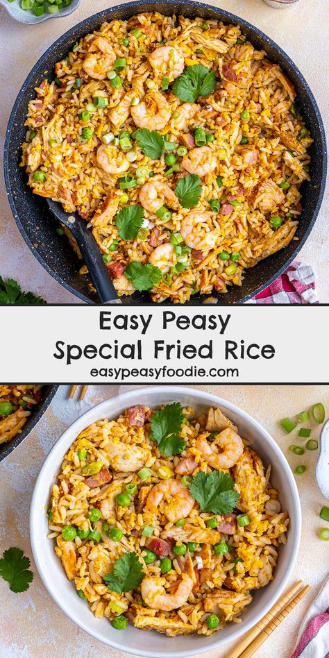 Love the Special Fried Rice you get from the Chinese takeaway? Well now you can make your own at home with my easy peasy recipe! Ready in under 20 minutes, it’s perfect for those busy weeknights. It’s also a great way to clear out your fridge and use up leftovers! #specialfriedrice #friedrice #chinesefakeaway #fakeaway #onepot #onepotdinner #under30minutes #easymidweekmeals #easymeals #midweekmeals #easyrecipes #easydinners #dinnertonight #dinnertonite #familydinners #familyfood #easypeasyfoodie Special Fried Rice Recipe, Chinese Fakeaway, Special Fried Rice, Chinese Takeaway, Easy Peasy Recipes, Easy Rice, One Pot Dinner, Midweek Meals, Fried Rice Recipe