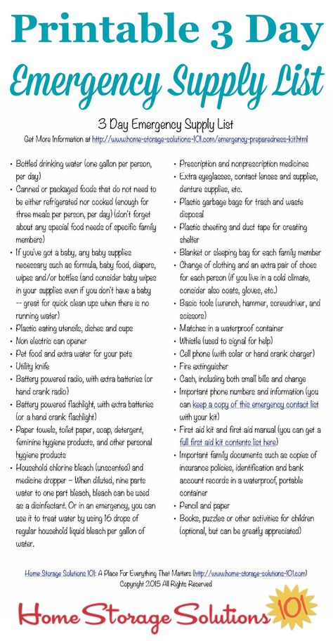 Free printable emergency supply list for three days, to make your emergency preparedness kit for your family {courtesy of Home Storage Solutions 101} #EmergencyPreparedness #EmergencyPrep #EmergencyPreparations Emergency Preparedness Kit List, Emergency Supply List, Emergency Preparedness Checklist, Family Emergency Binder, Emergency Preparedness Food, Emergency Binder, Emergency Prepardness, Emergency Survival Kit, Emergency Preparedness Kit