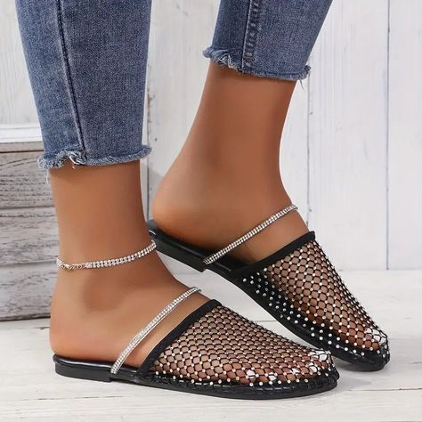 Rhinestone Embellished Sandals Women's Lightweight Flat Slip-On Mesh Shoes for Half Drag Holiday Occasions—Breathable, Comfortable, and Chic Footwear #womensshoes #sandals #flatssandals #dbcooper D B Cooper, Embellished Sandals, Mesh Shoes, Flat Sandals, Womens Sandals, Slip On, Mesh, Women Shoes, Sandals