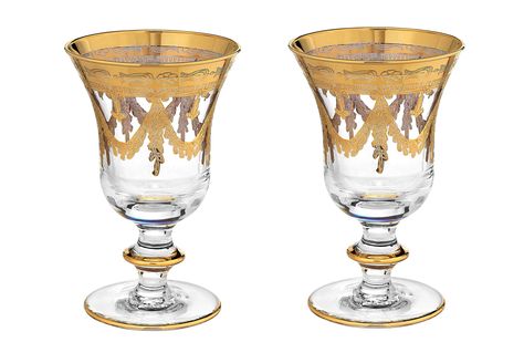 PRICES MAY VARY. Set of 2 Premium Wine Glasses Goblets Old World Vintage Design - Made in Italy 24K Gold Hand Decorated Luxury Crystal 10 oz - 6.5"h x 4.25"W What a way to bring in the New year! Made In the famous Italian Glass factory, Interglass, these glasses are made of highest quality crystal and are hand decorated with 24 karat gold. Since the beginning the company has concentrated its efforts on realization of articles with high artistic and historical content referring them to the Floren Gold Glass Charger Plates, Wine Glasses Vintage, Glass Charger Plates, Fine China Dinnerware, Gold China, Gold Dinnerware, Italy Wine, Christmas Dinnerware, Glass Ware