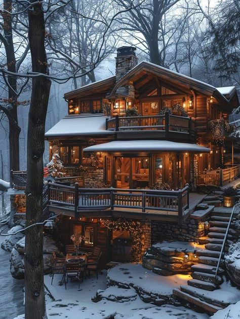 Cozy Big House Exterior, Big Cabin In The Woods, Fancy Log Cabin, Winter Cabin Exterior, Log Cabin Aesthetic, Winter Log Cabin, Log Cabin Mansions, Big Cabin, Log Cabin Exterior