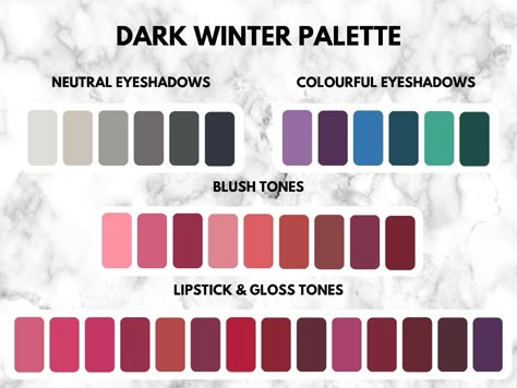 Winter Makeup Palette, Deep Winter Makeup, Dark Winter Color Palette, Dark Winter Palette, Deep Winter Palette Outfits, Deep Winter Color Palette, Winter Eyeshadow, Winter Lipstick, Deep Winter Palette