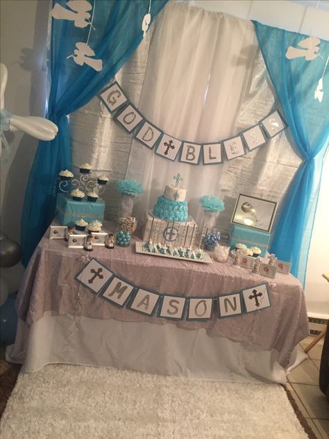 Boy christening Blue silver and white cake table Baptism Ideas Boys, Christening Party Ideas, Boy Christening Decorations, Baptism Decorations Boy, Baptism Themes, Baptism Party Decorations, Baptism Centerpieces, Christening Decorations, Christening Ideas