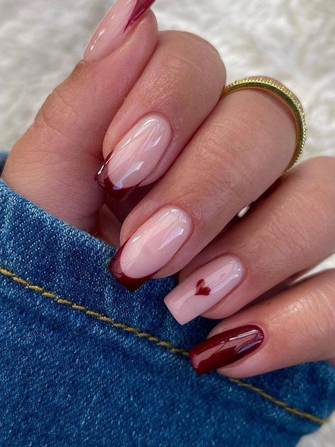 red French tip nails: burgundy with a heart Fall Nails Biab, Red Nails With Tips, Red Nail Tips Acrylic, French Nails For Fall, Red French Manicure Designs, Cherry Red French Tip Nails Square, Red Nails For Winter, Dark Red French Tip Nails Coffin, French With Red Tips