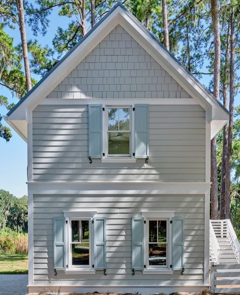 Benjamin Moore Exterior, Stonington Gray, Beach House Tour, Gray House Exterior, Island Beach House, Lake Houses Exterior, House Shutters, Blue Shutters, Beach House Exterior