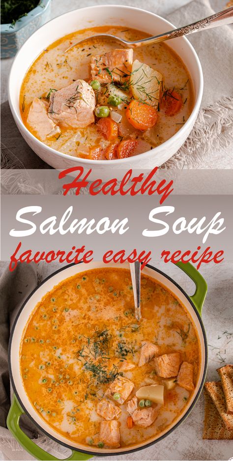 Easy Salmon Soup recipe uses simple, wholesome ingredients and makes delicious dinner. Full of flavor, rich and bursting with colors, this Salmon Soup is the ultimate healthy soup you could ask for. #souprecipes #easysoup #salmonrecipes #dinnerideas #healthyrecipes #healthysoup #salmonsoup #seafoodrecipes #cleaneating #macrofriendly #fitdiary Easy Soup Recipe, Salmon Soup, Soup Healthy, Healthy Salmon, Easy Salmon, Seafood Soup, Easy Soup, Salmon Dishes, Easy Soups