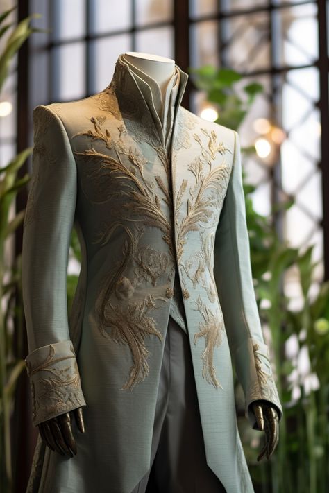 Water lily inspired suit Mens Fantasy Wedding Suit, Fairytale Men Outfit, Wedding Armor Men, Fae Male Outfit, Fae Clothing Male, Elven Wedding Suit, Elven Wedding Suit Men, Elf Wedding Groom, Fantasy Wedding Suits Male