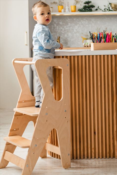 This kitchen helper tower is safe, stable, and made of quality materials. This Learning Tower also has adjustable steps, allowing the tower to grow with the child as they get taller. You can adjust both steps to three different ranges. Laconic design, stylish colors and natural materials will allow you to easily match the kitchen helper stool to any interior. Kitchen Helper Tower Diy, Kitchen Helper Tower, Learning Tower Plans, Learning Tower Diy, Montessori Learning Tower, Toddler Kitchen, Toddler Step Stool, Learning Tower, Childrens Kitchens