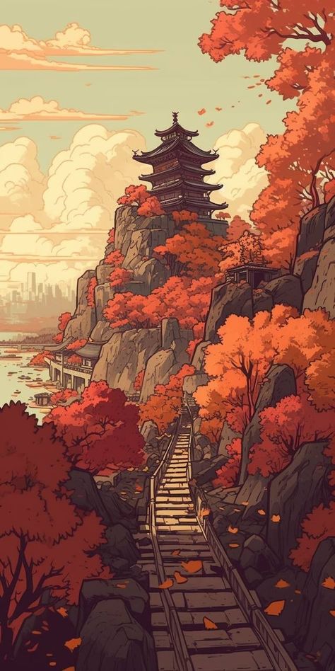 Cute Fall Wallpaper, Japon Illustration, Anime Backgrounds Wallpapers, Cool Wallpapers Art, Fantasy Art Landscapes, Landscape Illustration, Pretty Wallpapers Backgrounds, Dreamy Art, Anime Scenery Wallpaper