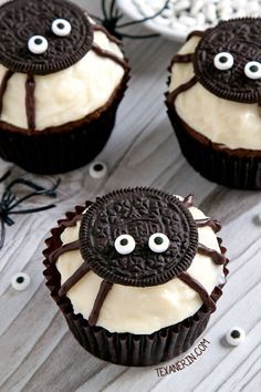 Easy to make spider cupcakes for Halloween with a pumpkin cupcake base and cream cheese frosting! With grain-free, gluten-free, whole grain and all-purpose flour options. Please click through to the recipe to see all the dietary-friendly options. Spider Cupcakes Halloween, Halloween Food Cupcakes, Spider Cupcakes, Dessert Halloween, Postres Halloween, Halloween Party Snacks, Halloween Treats For Kids, Halloween Food Treats, Halloween Cupcake